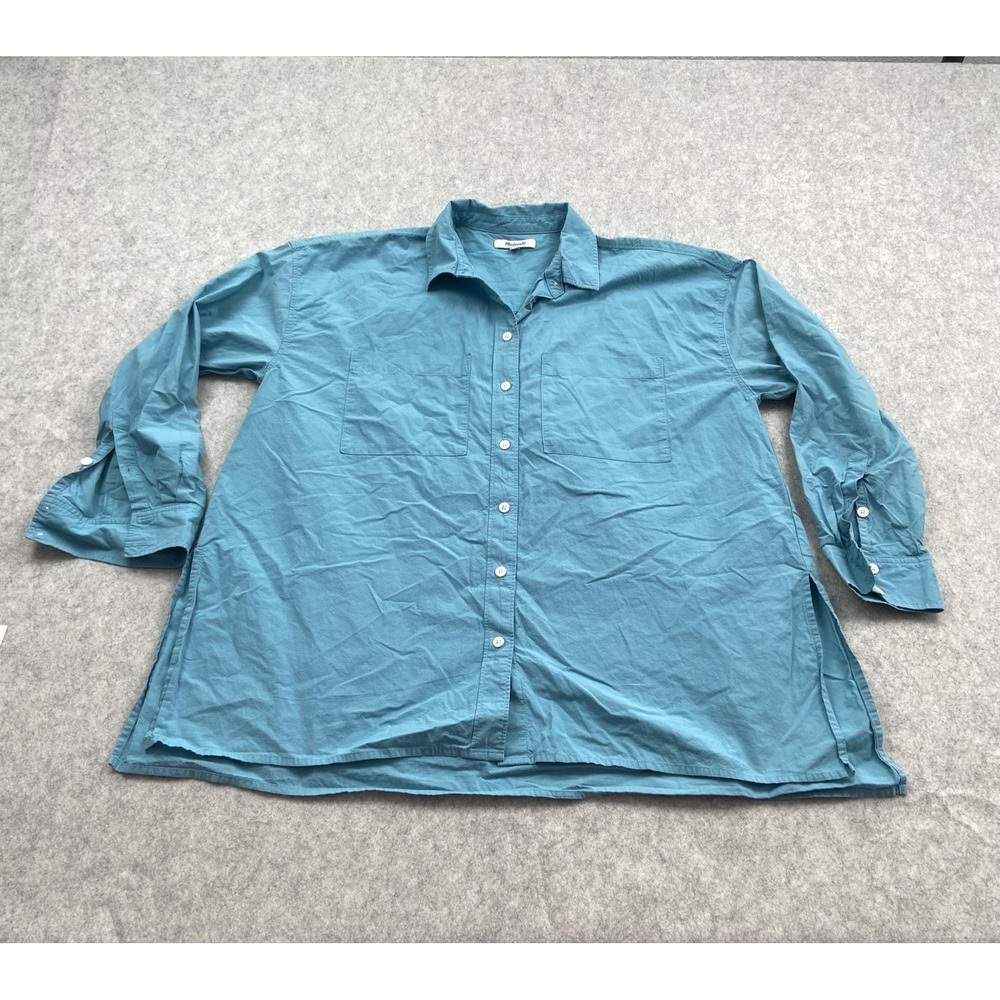 Madewell Button Up Shirt Womens Medium Blue Solid Long Sleeve Cotton Tunic Top